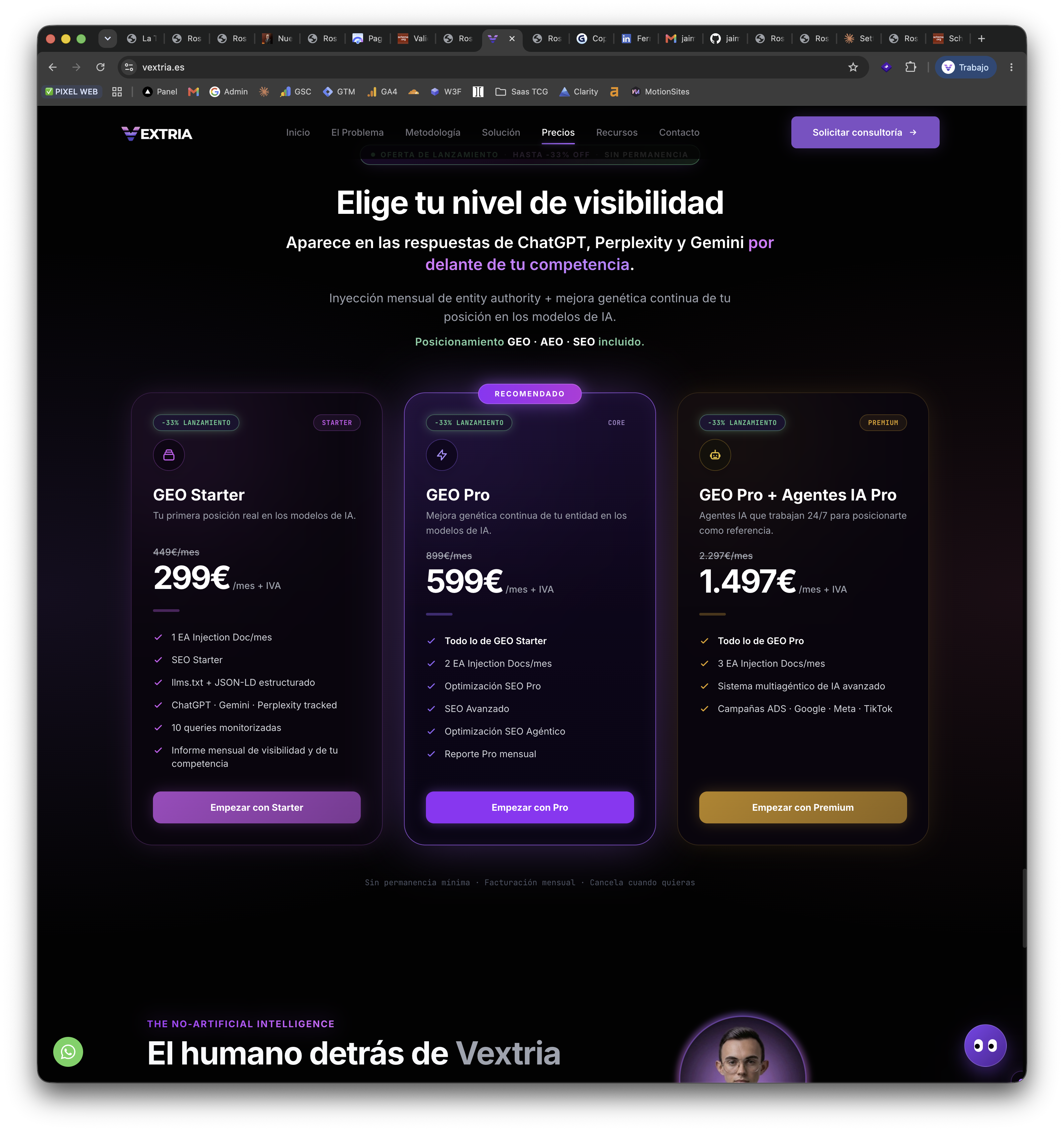 Posicionamiento mensual — GEO Starter 299€, GEO Pro 599€, GEO Pro + Agentes 1.497€