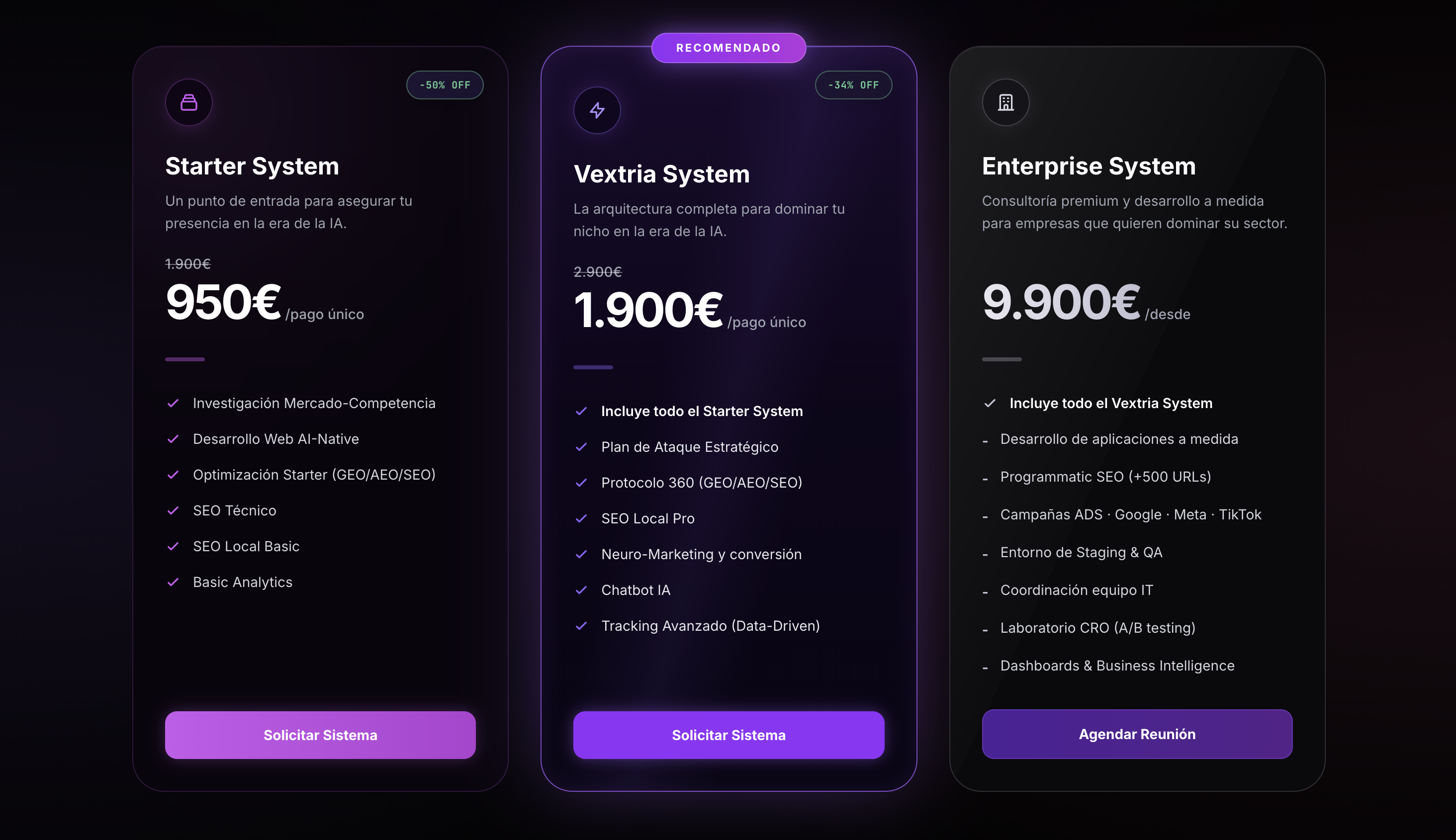 Precios Vextria — Starter System 950€, Vextria System 1.900€, Enterprise 9.900€